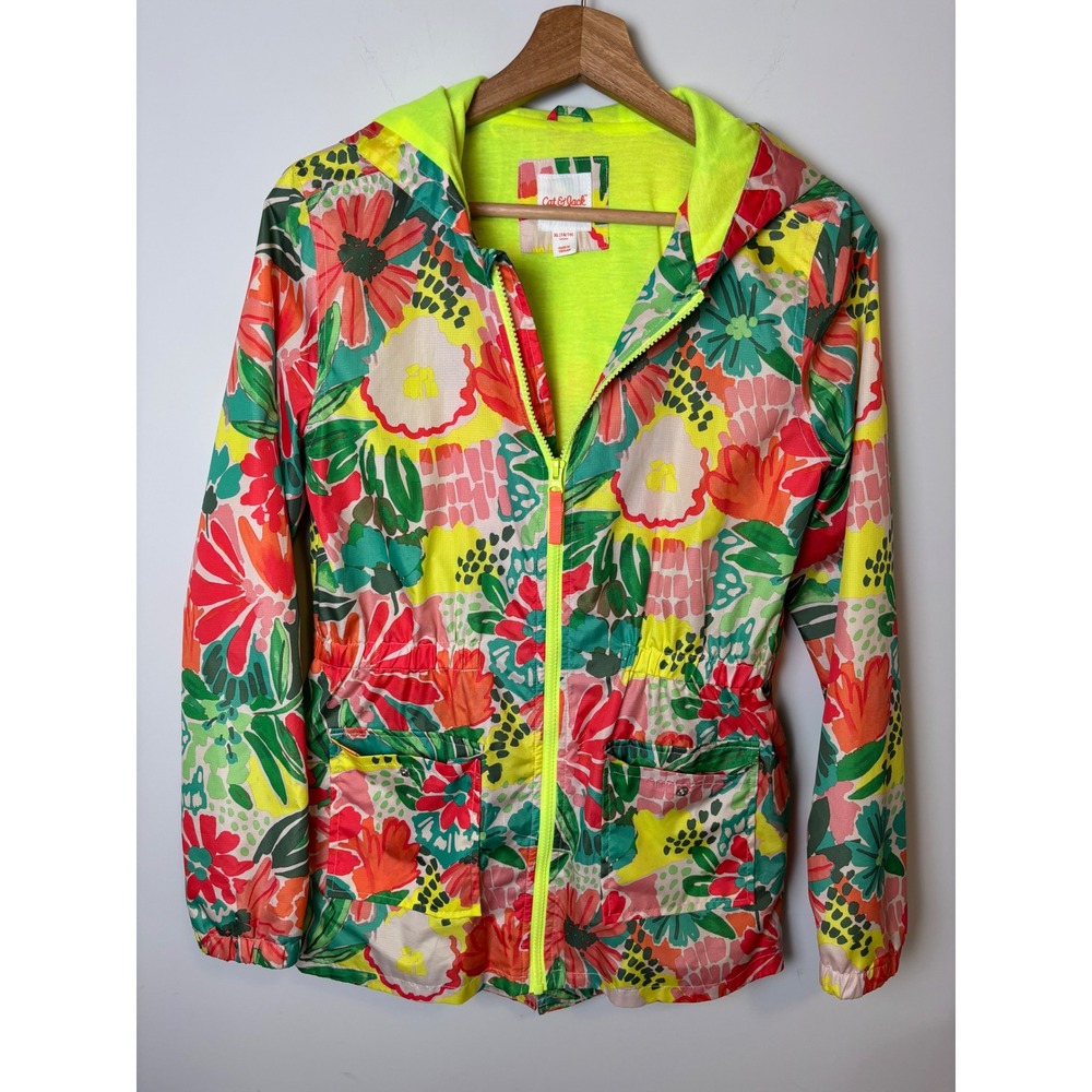 Cat & Jack Girls Floral Windbreaker Jacket Neon Yellow Lined XL 14/16 Full Zip